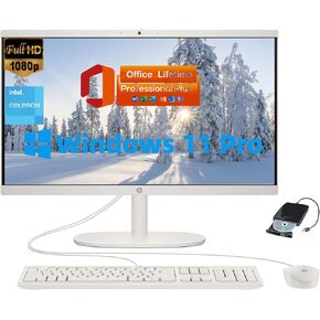 HP - 21.5" Full HD (1920x1080) - All-in-One - Desktop Computer - Intel Celeron J4025 - White KB & Mouse - WiFi 6 & Bluetooth - Win11 Pro & MS Office Lifetime - 32GB Memory - 2TB SSD - Cashmere White