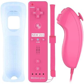 Wii Wireless Remote Motion Controller, Built-in Motion Plus Controller Remoto e Nunchuck con Custodia in Silicone per Wii (Pink)