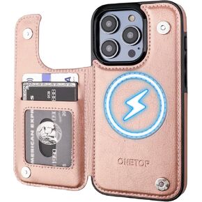 ONETOP Compatible with Magsafe for iPhone 14 Wallet Case with Card Holder, PU Leather Kickstand RFID Blocking Case, Double Magnetic Clasp and Durable Shockproof Cover 6.1 Inch (Black)