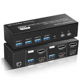 8K@60Hz HDMI KVM SWITCH 2 مراقب 2 أجهزة كمبيوتر ، مفتاح HDMI KVM مع 4 منافذ USB 3.0 مشاركة الماوس لوحة المفاتيح ، ودعم الوضع الممتد/النسخ مع 2 كابلات USB3.0 ووحدة تحكم سطح المكتب