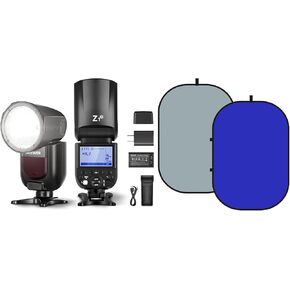 NEEWER Z1-N Round Head Flash Speedlite for Nikon DSLR Cameras with Chromakey Backdrops, Double-Sided Blue and Grey Screen,76Ws 2.4G Speedlight Built in 2600mAh Battery, 10 Levels LED Modeling Lamp