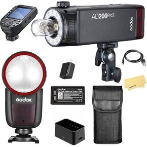 Godox V1 V1-N U V1N U Round Head Camera Flash with Godox AD200Pro II+XProII-N Trigger for Nikon Camera,480 Full Power Shots,1.5s Recycle Time,2600mAh Li-ion Battery,10 Levels LED Modeling Lamp