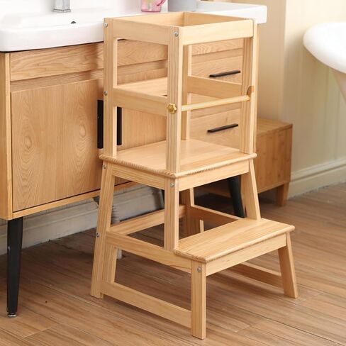 مقعد خطوة للمطبخ للأطفال مع حاجز أمان، هيكل من الخشب الصلب مقعد تعلم للأطفال الصغار، برج مقعد مطبخ للأطفال الصغار من مونتيسوري (أبيض) in Kuwait