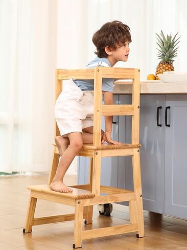 مقعد خطوة للمطبخ للأطفال مع حاجز أمان، هيكل من الخشب الصلب مقعد تعلم للأطفال الصغار، برج مقعد مطبخ للأطفال الصغار من مونتيسوري (أبيض) in Kuwait