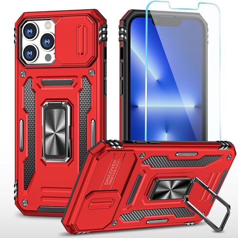 SunStory Compatible with iPhone 13 Pro Max Case with HD Screen Protector & Slide Camera Cover & Rotated Ring Kickstand, [Military-Grade] Phone Case for iPhone 13 Pro Max(Red) in Kuwait