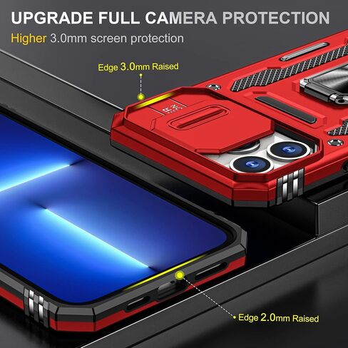 SunStory Compatible with iPhone 13 Pro Max Case with HD Screen Protector & Slide Camera Cover & Rotated Ring Kickstand, [Military-Grade] Phone Case for iPhone 13 Pro Max(Red) in Kuwait