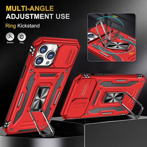 SunStory Compatible with iPhone 13 Pro Max Case with HD Screen Protector & Slide Camera Cover & Rotated Ring Kickstand, [Military-Grade] Phone Case for iPhone 13 Pro Max(Red) in Kuwait
