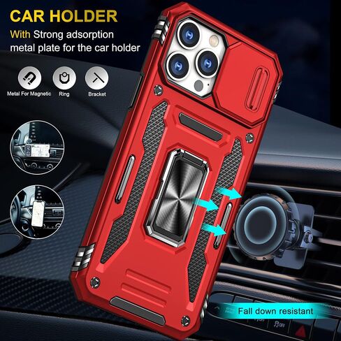 SunStory Compatible with iPhone 13 Pro Max Case with HD Screen Protector & Slide Camera Cover & Rotated Ring Kickstand, [Military-Grade] Phone Case for iPhone 13 Pro Max(Red) in Kuwait