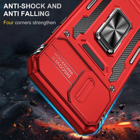 SunStory Compatible with iPhone 13 Pro Max Case with HD Screen Protector & Slide Camera Cover & Rotated Ring Kickstand, [Military-Grade] Phone Case for iPhone 13 Pro Max(Red) in Kuwait