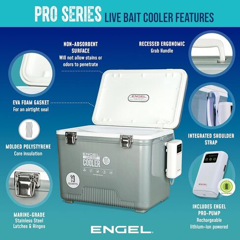ENGEL Live Bait Cooler PRO for Fishing - Portable Minnow and Bait Bucket with Lithium-Ion Rechargeable Aerator in Kuwait