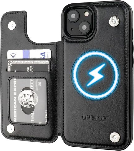 onetop متوافق مع Magsafe for iPhone 14 Wallet Case مع حامل البطاقة ، وحالة حظر RFID جلدية PU ، ومشبك مغناطيسي مزدوج ، وغطاء متين للصدمات 6.1 بوصة (أسود) in Kuwait