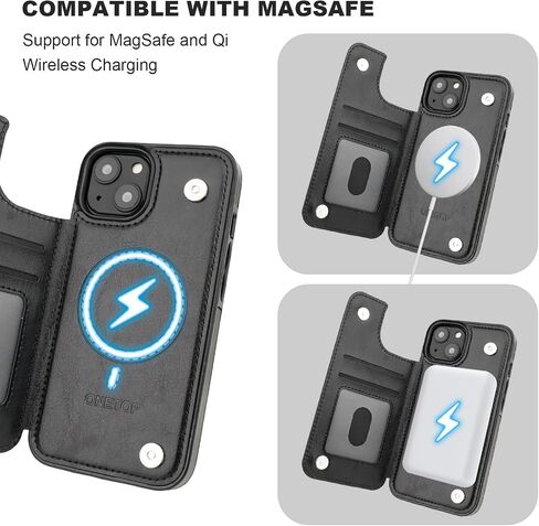 onetop متوافق مع Magsafe for iPhone 14 Wallet Case مع حامل البطاقة ، وحالة حظر RFID جلدية PU ، ومشبك مغناطيسي مزدوج ، وغطاء متين للصدمات 6.1 بوصة (أسود) in Kuwait