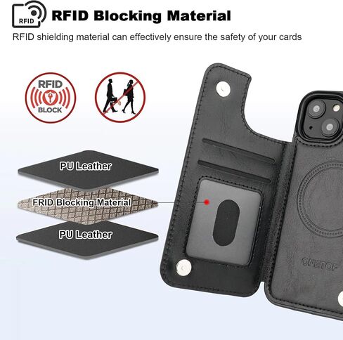 onetop متوافق مع Magsafe for iPhone 14 Wallet Case مع حامل البطاقة ، وحالة حظر RFID جلدية PU ، ومشبك مغناطيسي مزدوج ، وغطاء متين للصدمات 6.1 بوصة (أسود) in Kuwait