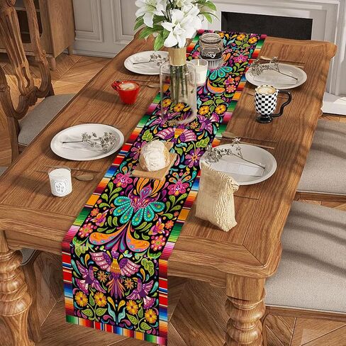 Linen Mexican Fiesta Table Runner Decoration 72×13inch Long Cinco De Mayo Dia De Los Muertos Runners Farmhouse Rustic Runner Day of The Dead Decor and Supplies for Kitchen Dining Home Table Decoration in Saudi Arabia