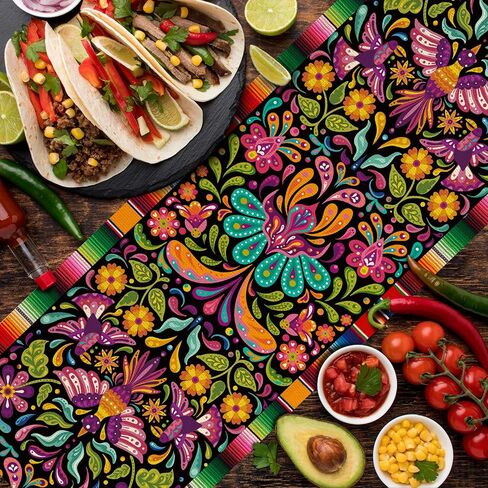 Linen Mexican Fiesta Table Runner Decoration 72×13inch Long Cinco De Mayo Dia De Los Muertos Runners Farmhouse Rustic Runner Day of The Dead Decor and Supplies for Kitchen Dining Home Table Decoration in Saudi Arabia