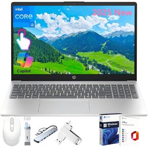 HP 2025 Touchscreen Laptop Computer, Intel 13th Core i3-1315U(Up to 4.5GHz), 15.6" HD Touch Screen, 64 GB RAM, 2 TB SSD, Wi-Fi 6E, Copilot AI, Office Lifetime License & Windows 11 Pro, Accessories