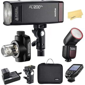 Godox AD200 Pro AD200Pro Flash with Godox V1Pro N U TTL Camera Flash+XPro-N Flash Trigge for Nikon Camera,2900mAh Battery,500 Full Power Flashes,0.01-1.8s Recycling,Bare Bulb/Speedlite Flash Head