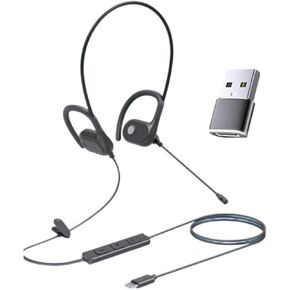 Open-Ear Type-C Wired Headset with Noise-Canceling Microphone, USB Converter, Lightweight Design, USB C Stereo Gaming Headphones (Black)
