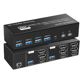 8K@60Hz KVM Switch 3 Monitors 2 Computers, DisplayPort & HDMI KVM Switch with 4 USB 3.0 Ports, Support Extended/Copy Mode, Includes 2 USB 3.0 Cables, Power Adapter & Desktop Controller