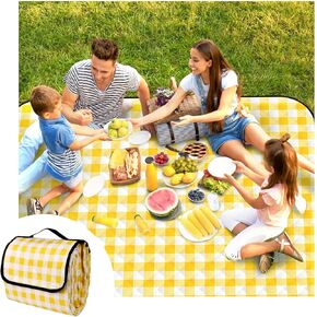 Large Picnic Blankets, 3 Layers Thick Soft Gingham Camping Blanket, 59X79IN Foldable Waterproof Rug, Portable Outdoor Mat for Beach Grass Hiking Park Travel, Sandproof, Machine Washable-Yellow