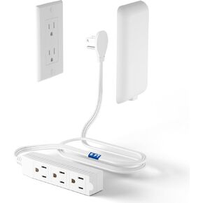 Flat Plug Power Strip Detachable, 3-Outlet 6ft Ultra Thin White Wall Extension Cord 13A 125V 1625W, Space-Saving,Suitable for Kitchen,TV, Living Room,Bedroom, Narrow Space, ETL Listed