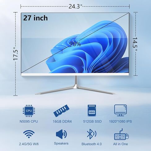 الكمبيوتر المكتبي All-In-واحد ، 27 "عرض FHD Ultra-Thin N5095 ذاكرة الوصول العشوائي 16GB ، 512 جيجا بايت SSD ، رباعي النواة 11 ، لوحة مفاتيح سلكية وماوس ، مكبر صوت RGB لدراسة مكتب الألعاب (N5095-16G-512G) in Kuwait