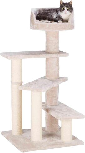 برج القطط الكبير توليا من تريكسي مع أعمدة خدش، أربع منصات، منصة علوية مع مسند للظهر، بيج متوسط in Kuwait