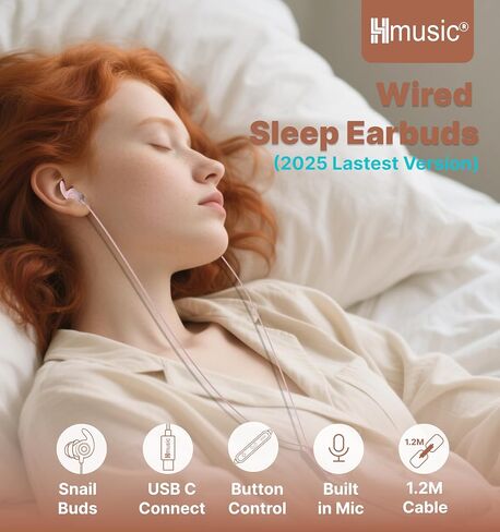 Hmusic Sleep Earbuds,USB C Wired Sleep Headphones for Side Sleepers,30dB Noise Isolate Sleepbuds w/Mic,2g Lightweight Siclicone Soft Earplug,Flat Thin Bed Earphones for Relax,Focus,Travel,Yoga(Pink) in Saudi Arabia