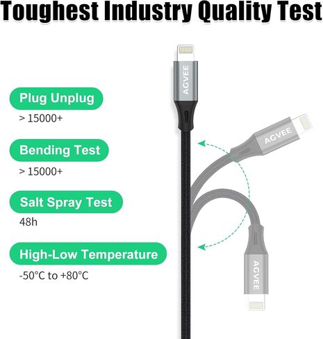 AGVEE 2 حزمة 15ft 30W طويل USB-C إلى كابل Lightning، مضفر MFI PD Type-C إلى 8 Pin سلك شاحن i-Phone، لجهاز iPad Pro iPhone 14 13 12 11 Pro Max، مناسب للحافظة، أسود، TBC2PL-BK45 in Kuwait