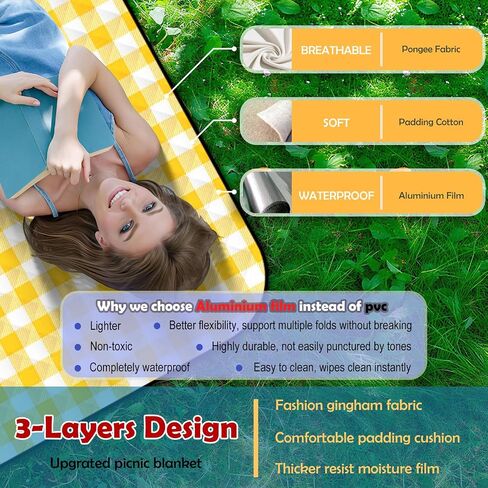 CUNCUI Camping Blanket, 3 Layers Gingham Picnic Blankets-Green, 59X79IN in Kuwait