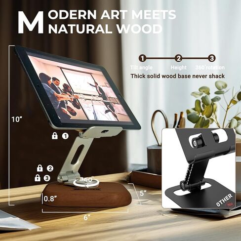 Solid Wood iPad Pro 12.9 حامل حامل - 360 درجة حامل قرص دوار مع تصميم فني مصنوع يدويًا ، وقاعدة قابلة للتعديل الشاقة للمكتب والمنزل والسفر (جرو) in Kuwait