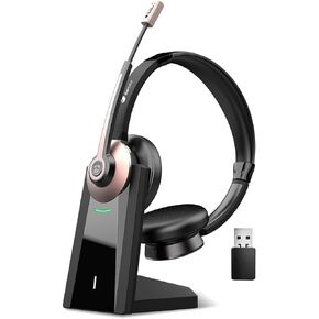 Wireless Headset, Bluetooth Headset with Microphone Noise Canceling & USB Dongle, Wireless Headphones with Mic Mute & Charging Dock for PC Computer Cell Phone Remote Work Office Zoom Meetings Call