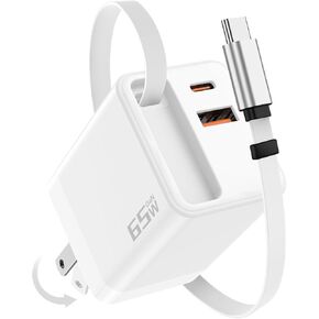 Retractable Wall Charger, 65W USB C Charger Block with Retractable Type C Cable, GaN 3 Portable Fast Charging Adapter Plug for iPhone 16/15/14/13 Pro Max/MacBook Pro/Air/iPad/Samsung Galaxy/Pixel