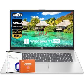HP 17.3" FHD Laptop, with Office Pro Lifetime License, Business laptops, AMD Ryzen 5 7430U 6-Core, 64 GB RAM, 2 TB SSD, AMD Radeon, Win 11 Pro, Anti-Glare, Copilot AI, Long Battery, w/Accessories