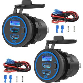 USB C Car Charger Socket 12V USB Outlet, 78W Dual 30W PD and 18W QC3.0 Multi Port Cylinder Charger with Button Switch Waterproof for Car Boat RV Marine Golf Cart Truck Bus Motorcycle etc.