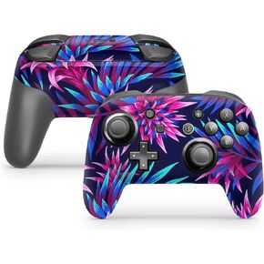 ZOOMHITSKINS Glitter Switch Pro Controller Skin, Compatible for Switch Controller Skin, Floral Tropical Flowers Garden Fuchsia, 3M Vinyl Cover, Durable & Fit, Easy to Install, Made in The USA