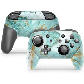 ZOOMHITSKINS Glitter Switch Pro Controller Skin, Compatible for Switch Controller Skin, Aqua Blue Marble Gold Golden Turquoise White, 3M Vinyl Cover, Durable & Fit, Easy to Install, Made in The USA