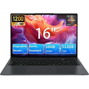 16 Inch Laptop Computer for Business Student,AMD Ryzen3 3250U(Up to 3.5GHz,Beats N95),1920×1200 FHD IPS Display,16GB RAM 512GB SSD,1MP Webcam,WiFi,HDMI,USB,Type-C,Backlit Keyboard,Fingerprint,Numpad