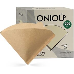 V60 Coffee Filters 02, ONIOU Unbleached Size 02 Cone Coffee Filters, 200 Count Natural Brown Pour Over Paper Filters for Hario V60 & Others 1–4 Cup Coffee Dripper