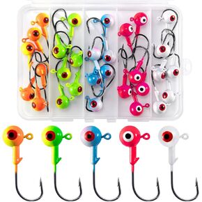 30-Pack Fishing Jig Heads, Round Ball Crappie Jig Head with 3D Eyes, Jigs Heads for Bass Fishing Trout Crappie Panfish Walleye, 1/32-1/2oz Live Soft Bait Ice Fishing Hook Freshwater Saltwater