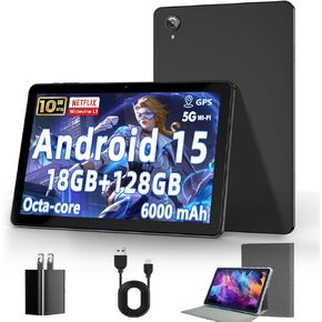 10 Inch Tablet, Android 15 Tablets with 18GB RAM+128GB ROM(Expand to 1TB), Octa Core 1280 * 800 IPS HD Display, 6000mAh Battery, Dual 5MP+8MP Camera, 5G/2.4G WiFi