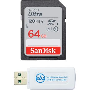 SanDisk 64GB SDXC Ultra Memory Card Class 10 (SDSDUN4-064G-GN6IN) Works with Ricoh GR III, GR II, WG-60, WG-6 Digital Compact Camera Bundle with (1) Everything But Stromboli SD, TF Card Reader