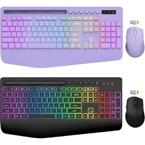 SABLUTE Wireless Keyboard and Mouse Combo, 9 Backlit Effects, Wrist Rest, Phone Holder, 2.4G Lag-Free Ergonomic Keyboards, Rechargeable Silent Cordless Set for Computer, Laptop (Purple & Black)