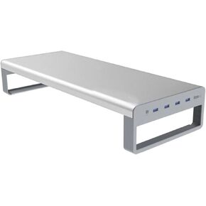 OTM Essentials Slim Aluminium Monitor Stand ، Riser المكتبي مع حشوة غير انزلاق وسطح مائل ، أساسيات المكتب المنزلي متعدد الاستخدامات ، مزودة بـ 4 منافذ USB