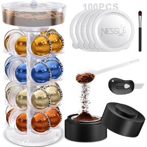 Nessus Vertuo Pods حامل لـ Nespresso Pods Vertuo ، مجموعة قرون قابلة لإعادة الاستخدام لـ Nespresso Vertuo ، قرون القهوة القابلة لإعادة الملء مع أغطية رقائق الألومنيوم 100pc ، حامل قرنة لآلة Nespresso Vertuo