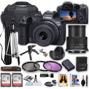 Canon EOS R7 Mirrorless Camera with Canon 18-45mm is STM Lens + 2X 64GB Memory Cards + Deluxe Case + Filters + Tripod Kit & More (23pc Bundle) (Renewed)