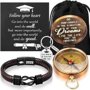 Quelay 5 Pcs Compass Graduation Gift Class of 2025 Engraved Compass Keychain Leather Stainless Steel Knot Bracelet Inspirational Card and Drawstring Bag High School College Graduation Gifts for Him