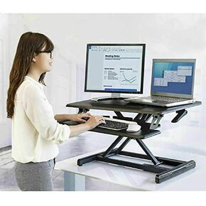 Seville Classics Airlift Height Adjustable Sit Desk Converter Workstation Standing Ergonomic Dual Monitor Riser with Keyboard Tray, Compact Rectangular 30", Midnight