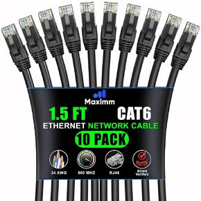 Maximm Cat 6 Ethernet Cable 1.5 FT (10 pack) - كابل LAN عالي السرعة وكابل الإنترنت وكابل التصحيح وكابل الشبكة - UTP ، 10 جيجابت في الثانية ، سلك إيثرنت 550 ميجا هرتز - أسود