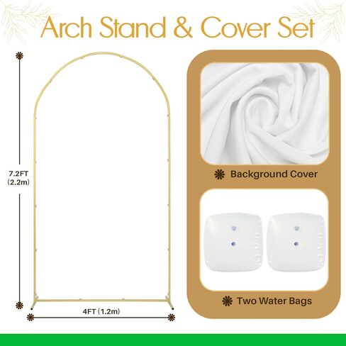 2PK (7.2 & 6 FT) Metal Arch Backdrop Stand with Cover & Water Bags | Wedding Balloon Arch Stand, for Wedding, Parties, Birthday, Baby Shower, Reusable(White Cover, 2 Pack) in Kuwait
